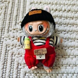 Cute Labubu with Red Overalls and Black Hat